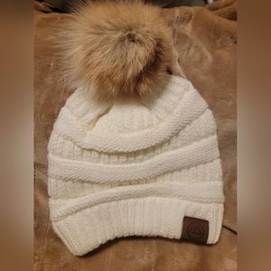 Real Fur Pom White Beanie!